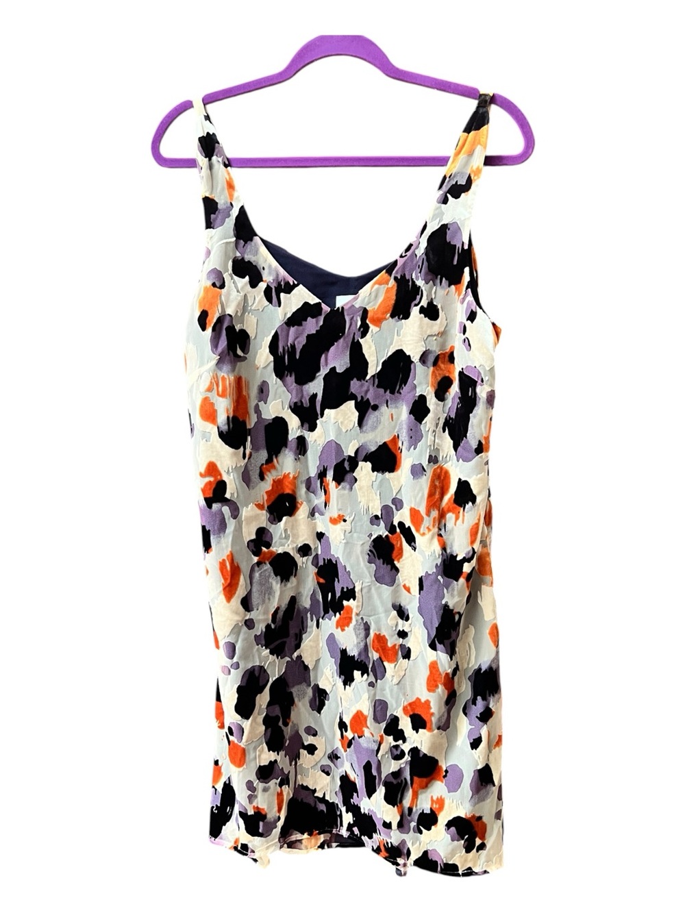 CAbi Abstract Animal Print Slip Dress in Cream, Purple & Orange Medium